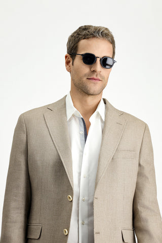  Orta Bej Relaxed Fit Rahat Kesim Klasik Keten Karışımlı Desenli Ceket