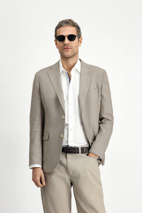 Orta Bej 4 Drop Relaxed Fit Rahat Kesim Klasik Keten Karışımlı Desenli Ceket