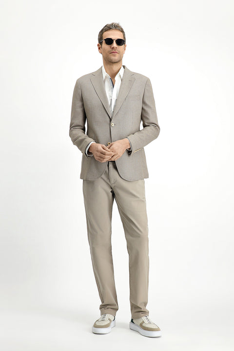 Orta Bej 4 Drop Relaxed Fit Rahat Kesim Klasik Keten Karışımlı Desenli Ceket