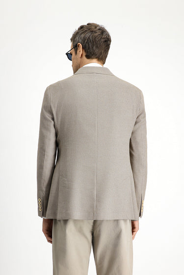 Orta Bej Slim Fit Dar Kesim Klasik Keten Karışımlı Desenli Ceket