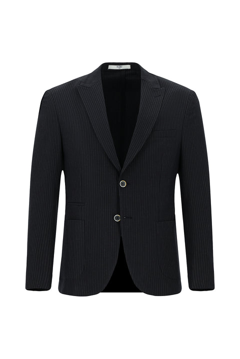 Koyu Lacivert 7 Drop Super Slim Fit Eksra Dar Kesim Çizgili Likralı Spor Ceket