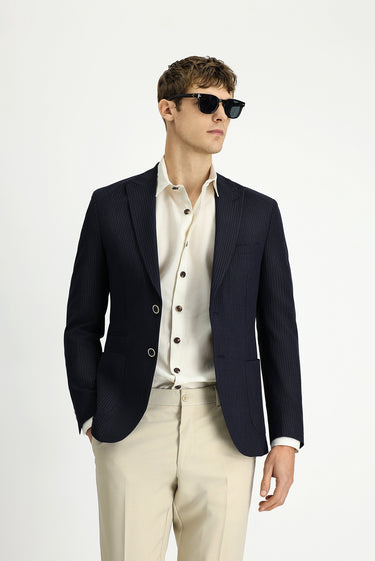  Koyu Lacivert Super Slim Fit Ekstra Dar Kesim Çizgili Likralı Spor Ceket