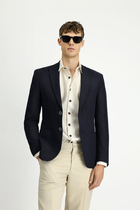 Koyu Lacivert 7 Drop Super Slim Fit Eksra Dar Kesim Çizgili Likralı Spor Ceket