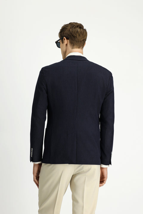 Koyu Lacivert 7 Drop Super Slim Fit Eksra Dar Kesim Çizgili Likralı Spor Ceket