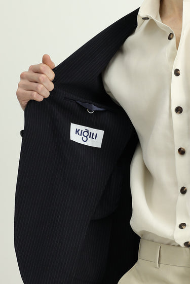 Koyu Lacivert Super Slim Fit Ekstra Dar Kesim Çizgili Likralı Spor Ceket