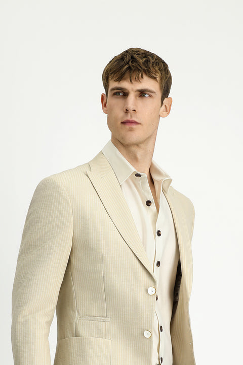 Açık Bej 7 Drop Super Slim Fit Eksra Dar Kesim Çizgili Likralı Spor Ceket