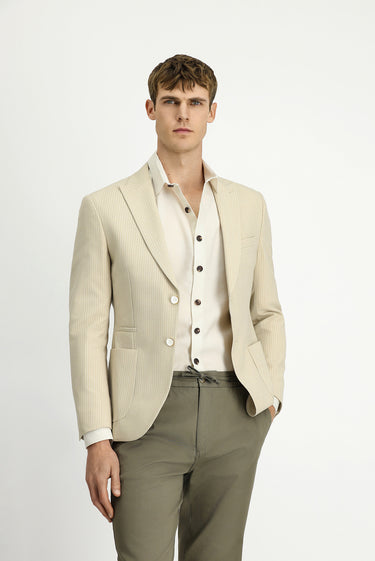  Açık Bej Super Slim Fit Ekstra Dar Kesim Çizgili Likralı Spor Ceket