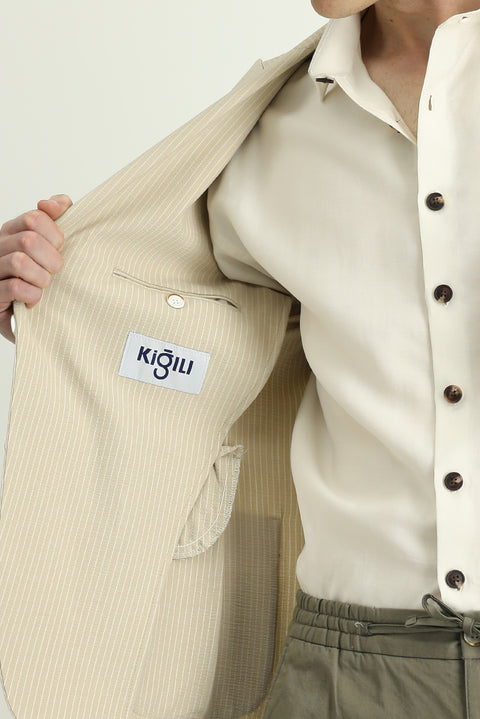 Açık Bej 7 Drop Super Slim Fit Eksra Dar Kesim Çizgili Likralı Spor Ceket