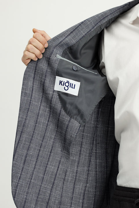 Koyu Füme 6 Drop Regular Fit Standart Kesim Çizgili Likralı Spor Ceket