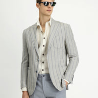 Açık Bej 8 Drop Muscle Fit Uzun Atletik Kesim Çizgili Likralı Spor Ceket