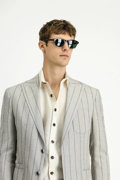 Açık Bej 8 Drop Muscle Fit Uzun Atletik Kesim Çizgili Likralı Spor Ceket