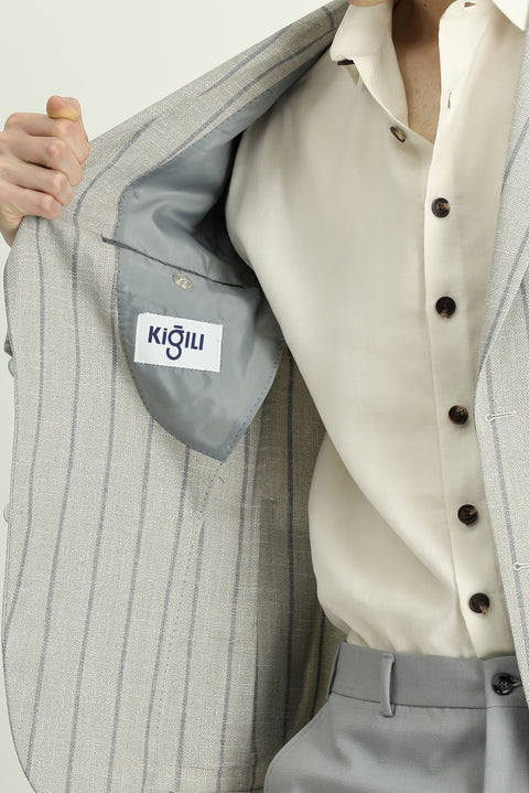 Açık Bej 8 Drop Muscle Fit Uzun Atletik Kesim Çizgili Likralı Spor Ceket