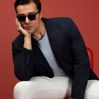 Koyu Lacivert Super Slim Fit Ekstra Dar Kesim Çizgili Likralı Spor Ceket