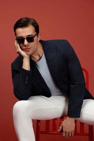  Koyu Lacivert Super Slim Fit Ekstra Dar Kesim Çizgili Likralı Spor Ceket