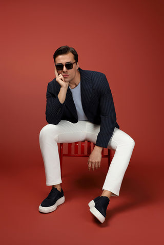  Koyu Lacivert Super Slim Fit Ekstra Dar Kesim Çizgili Likralı Spor Ceket