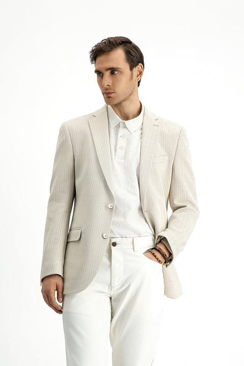 Açık Bej 6 Drop Regular Fit Standart Kesim Klasik Pamuklu Çizgili Ceket
