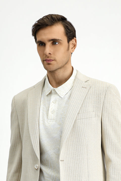 Açık Bej 6 Drop Regular Fit Standart Kesim Klasik Pamuklu Çizgili Ceket