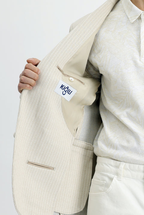 Açık Bej 6 Drop Regular Fit Standart Kesim Klasik Pamuklu Çizgili Ceket