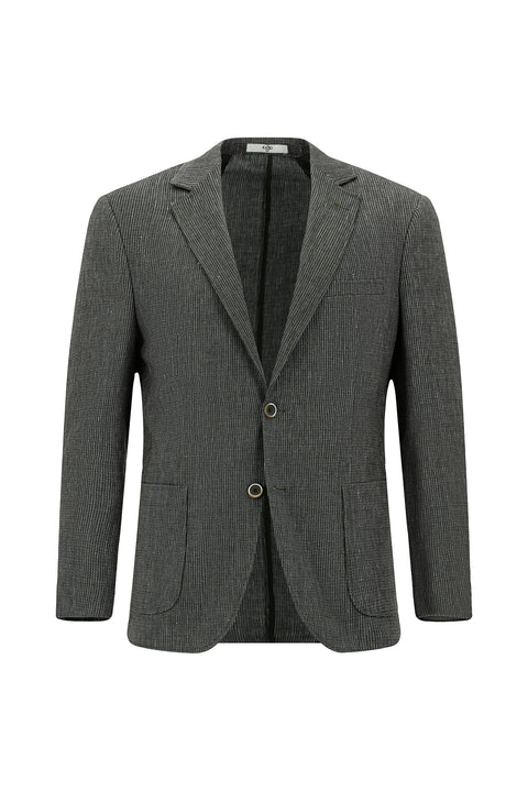 Siyah 8 Drop Muscle Fit Uzun Atletik Kesim Keten Karışımlı Çizgili Spor Ceket