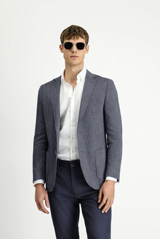  Koyu Lacivert Regular Fit Keten Karışımlı Çizgili Spor Ceket