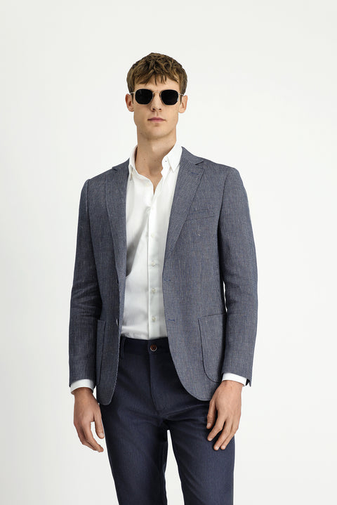 Koyu Lacivert 7 Drop Slim Fit Dar Kesim Keten Karışımlı Çizgili Spor Ceket