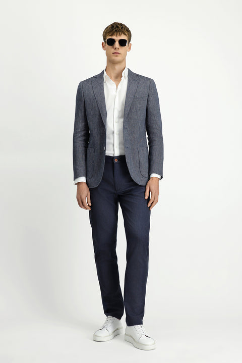 Koyu Lacivert 7 Drop Slim Fit Dar Kesim Keten Karışımlı Çizgili Spor Ceket