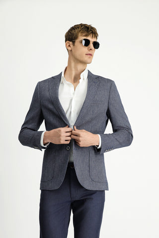 Koyu Lacivert 7 Drop Slim Fit Dar Kesim Keten Karışımlı Çizgili Spor Ceket