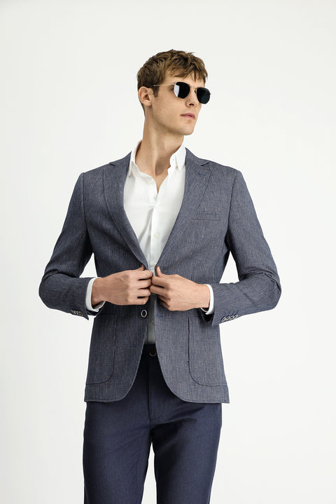 Koyu Lacivert 7 Drop Slim Fit Dar Kesim Keten Karışımlı Çizgili Spor Ceket