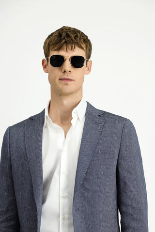  Koyu Lacivert Regular Fit Keten Karışımlı Çizgili Spor Ceket