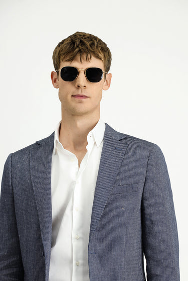 Koyu Lacivert Slim Fit Dar Kesim Keten Karışımlı Çizgili Spor Ceket