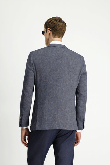 Koyu Lacivert Slim Fit Dar Kesim Keten Karışımlı Çizgili Spor Ceket