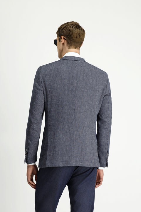 Koyu Lacivert 8 Drop Muscle Fit Uzun Atletik Kesim Keten Karışımlı Çizgili Spor Ceket