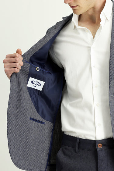 Koyu Lacivert Regular Fit Keten Karışımlı Çizgili Spor Ceket