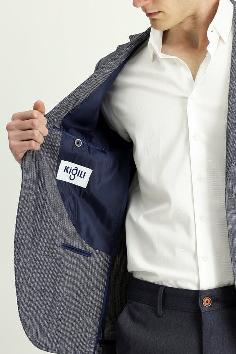 Koyu Lacivert 4 Drop Relaxed Fit Rahat Kesim Keten Karışımlı Çizgili Spor Ceket