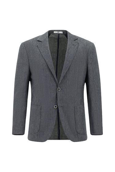 Koyu Lacivert Slim Fit Dar Kesim Keten Karışımlı Çizgili Spor Ceket