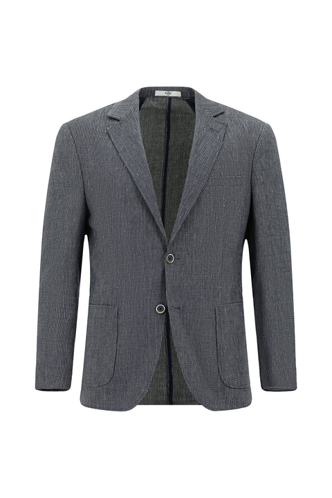 Koyu Lacivert 7 Drop Slim Fit Dar Kesim Keten Karışımlı Çizgili Spor Ceket