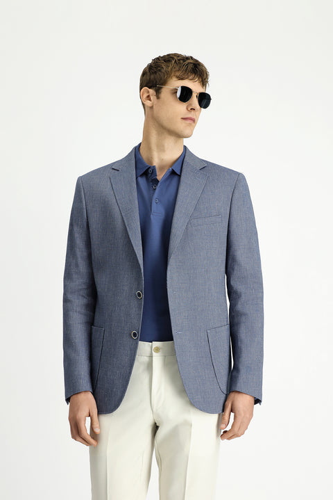 Koyu Mavi  8 Drop Muscle Fit Uzun Atletik Kesim Keten Karışımlı Çizgili Spor Ceket