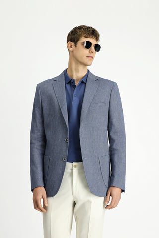  Koyu Mavi  8 Drop Muscle Fit Uzun Atletik Kesim Keten Karışımlı Çizgili Spor Ceket