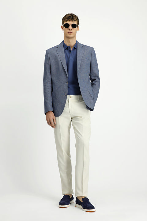 Koyu Mavi  7 Drop Slim Fit Dar Kesim Keten Karışımlı Çizgili Spor Ceket