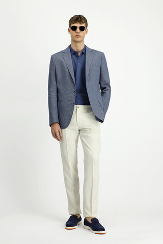  Koyu Mavi  Muscle Fit Keten Karışımlı Çizgili Spor Ceket