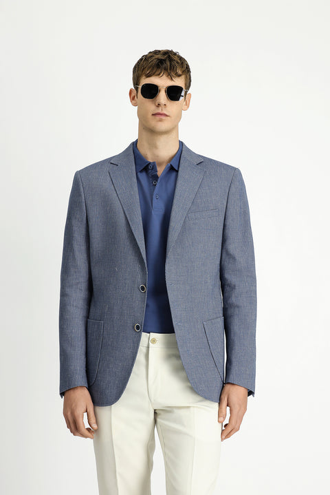 Koyu Mavi  8 Drop Muscle Fit Uzun Atletik Kesim Keten Karışımlı Çizgili Spor Ceket