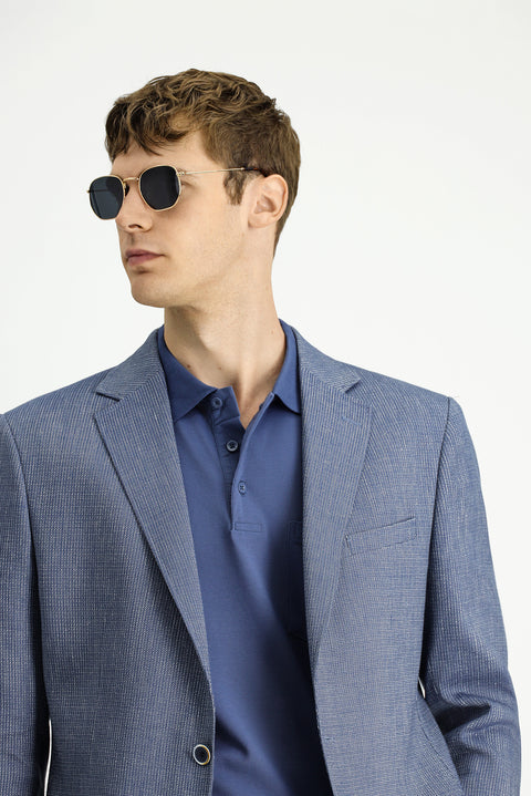 Koyu Mavi  4 Drop Relaxed Fit Rahat Kesim Keten Karışımlı Çizgili Spor Ceket