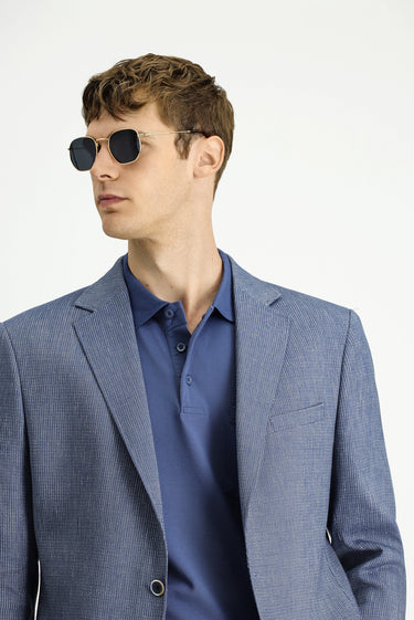Koyu Mavi  Slim Fit Dar Kesim Keten Karışımlı Çizgili Spor Ceket