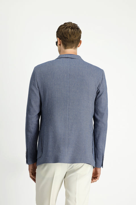 Koyu Mavi  4 Drop Relaxed Fit Rahat Kesim Keten Karışımlı Çizgili Spor Ceket