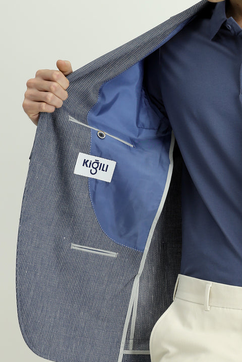 Dark Blue 8 Drop Muscle Fit Long Athletic Cut Linen Blend Striped Sport Jacket