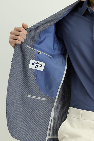 Koyu Mavi  Slim Fit Dar Kesim Keten Karışımlı Çizgili Spor Ceket
