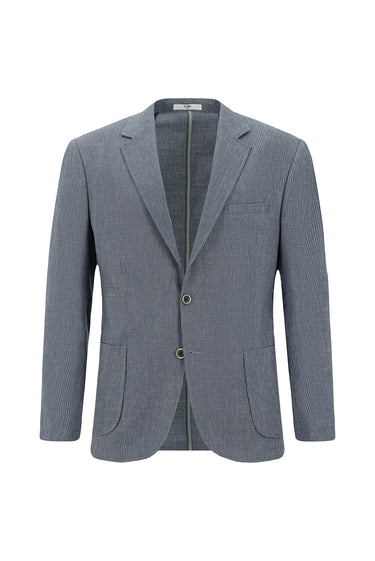 Koyu Mavi  Slim Fit Dar Kesim Keten Karışımlı Çizgili Spor Ceket