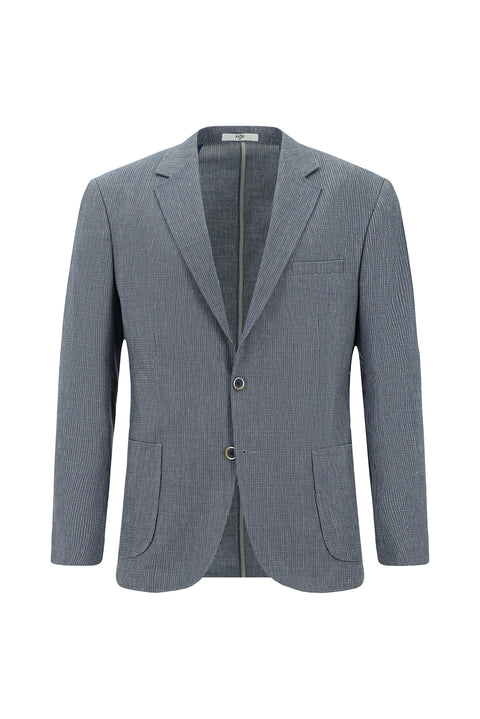 Koyu Mavi  7 Drop Slim Fit Dar Kesim Keten Karışımlı Çizgili Spor Ceket