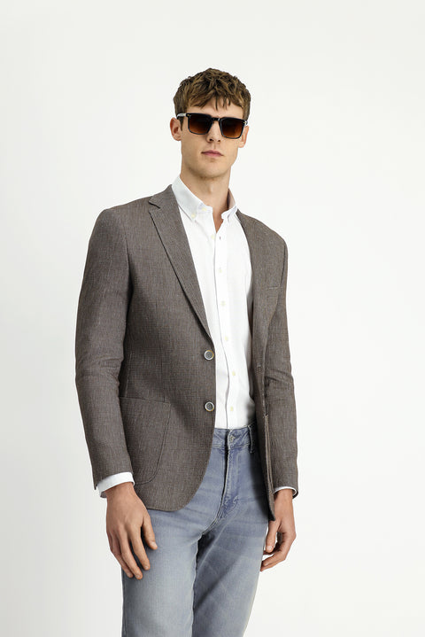 Medium Brown 8 Drop Muscle Fit Long Athletic Cut Linen Blend Striped Sport Jacket