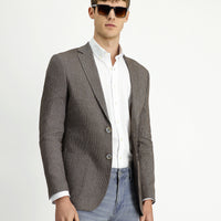 Medium Brown 7 Drop Slim Fit Linen Blend Striped Sport Jacket